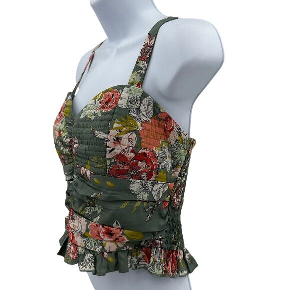 BOG Collective Crop Top SZ M Sage Blush Smocked Floral Ruffle Hem Ruched Stretch - Picture 3 of 9